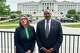 Attorney Sharon Geuea Jones, left, and Nimrod Chapel Jr., president of the Missouri state conference of the NAACP, talk to reporters outside the Missouri state Capitol on Wednesday, May 27, 2026, in Jefferson City, Missouri.