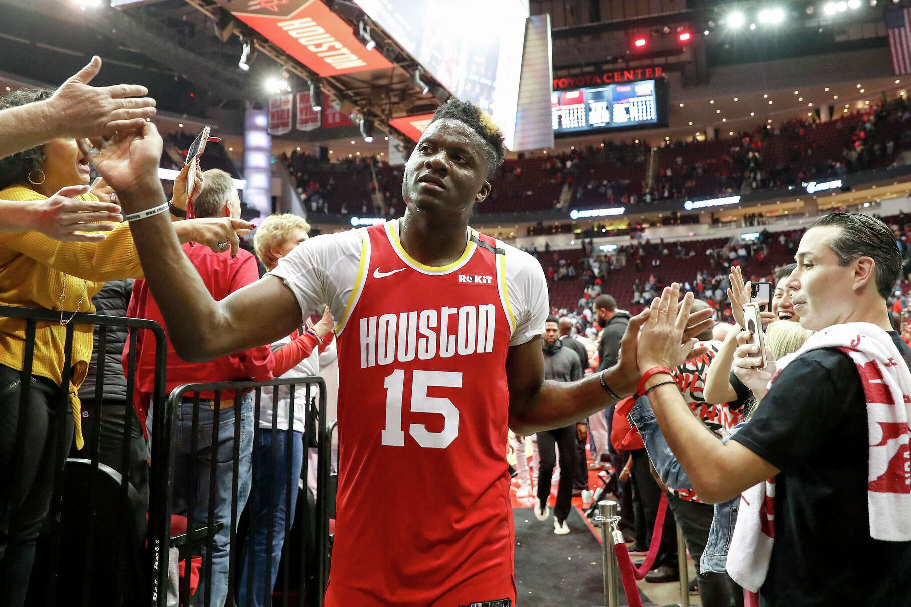 Houston Rockets center Clint Capela wearing the team's ketchup-and-mustard uniforms for a game on Jan. 3, 2020. The Rockets had these popular uniforms as an alternate jersey to celebrate the 25th anniversary of the franchise's last championship. Now, they could be back.