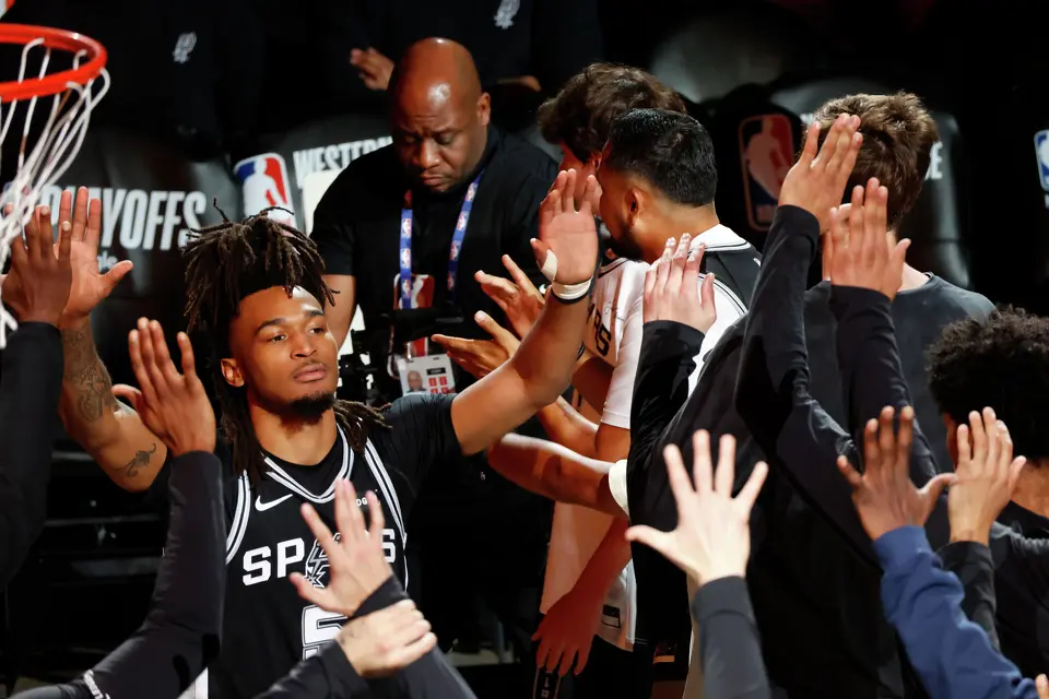 San Antonio Spurs guard Stephon Castle (5) walks onto the court before Game 6 of the Western Conference Finals at Frost Bank Center in San Antonio, Thursday, May 28, 2026.