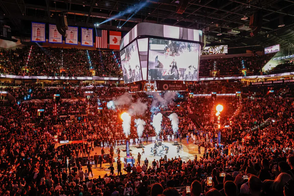 The Spurs starting five take the court during Game 6 of the Western Conference Finals at Frost Bank Center in San Antonio, Thursday, May 28, 2026.