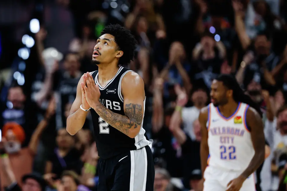 San Antonio Spurs guard Dylan Harper (2) reacts to a play during Game 6 of the Western Conference Finals at Frost Bank Center in San Antonio, Thursday, May 28, 2026.