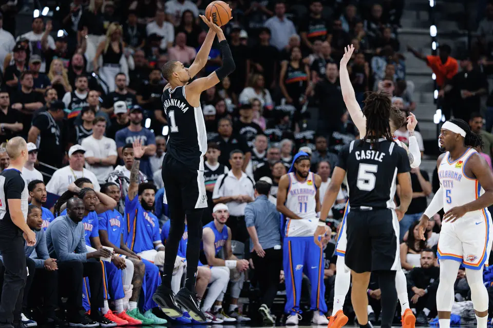 San Antonio Spurs center Victor Wembanyama (1) goes up for a shot during Game 6 of the Western Conference Finals at Frost Bank Center in San Antonio, Thursday, May 28, 2026.