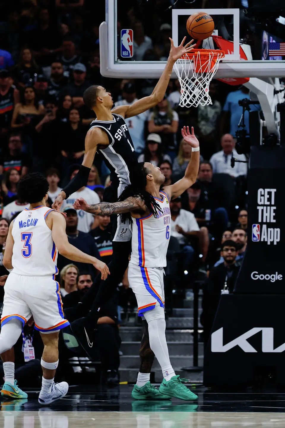 San Antonio Spurs center Victor Wembanyama (1) goes up to the basket during Game 6 of the Western Conference Finals at Frost Bank Center in San Antonio, Thursday, May 28, 2026.