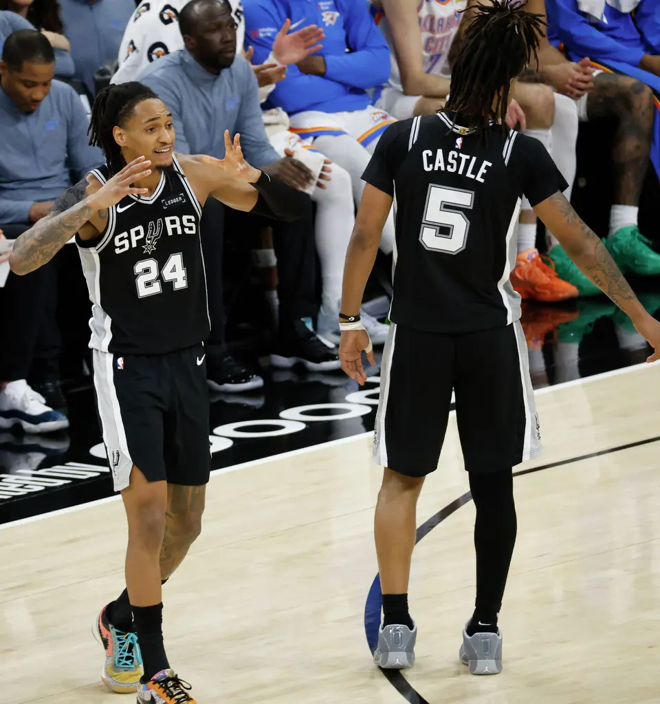 San Antonio Spurs guard Devin Vassell (24) reacts to a foul during Game 6 of the Western Conference Finals at Frost Bank Center in San Antonio, Thursday, May 28, 2026.