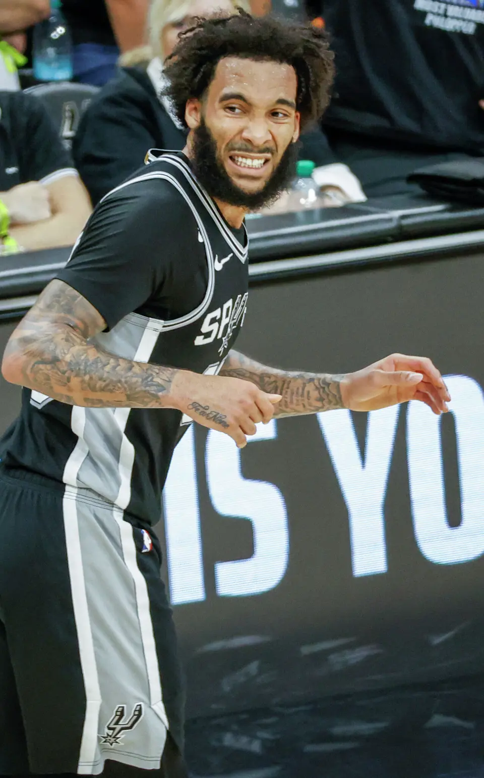 San Antonio Spurs forward Julian Champagnie (30) reacts during Game 6 of the Western Conference Finals at Frost Bank Center in San Antonio, Thursday, May 28, 2026.