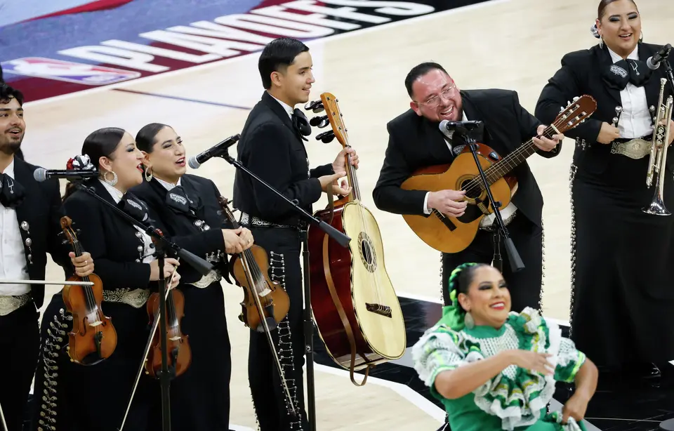 Mariachi Los Soberanos performs during Game 6 of the Western Conference Finals at Frost Bank Center in San Antonio, Thursday, May 28, 2026.
