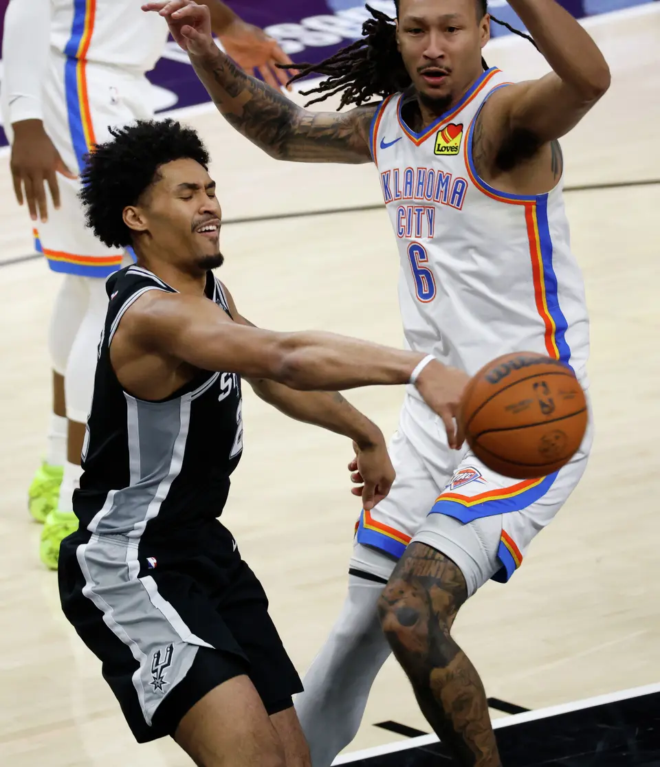 San Antonio Spurs guard Dylan Harper (2) passes the ball during Game 6 of the Western Conference Finals at Frost Bank Center in San Antonio, Thursday, May 28, 2026.