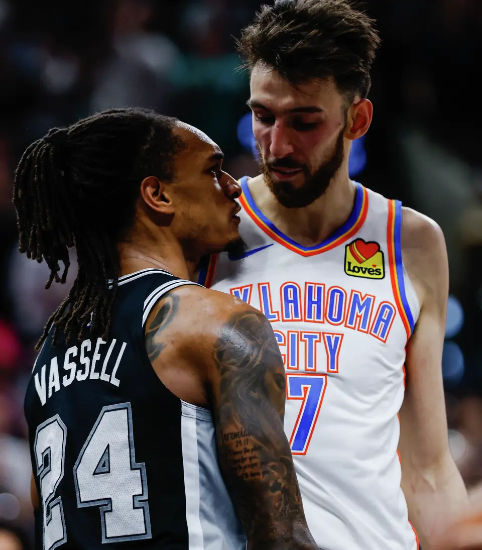 San Antonio Spurs guard Devin Vassell (24) taunts Oklahoma City Thunder center Chet Holmgren (7) during Game 6 of the Western Conference Finals at Frost Bank Center in San Antonio, Thursday, May 28, 2026.