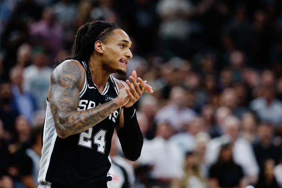 San Antonio Spurs guard Devin Vassell (24) celebrates a play during Game 6 of the Western Conference Finals at Frost Bank Center in San Antonio, Thursday, May 28, 2026.