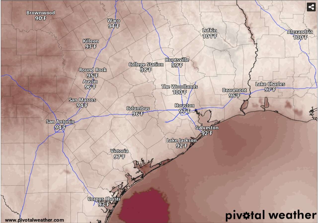 Humidity will drive “feels like” temperatures closer to 100 degrees across Southeast Texas on Friday. Houston’s heat index values could be in the upper 90s by 5 p.m., according to the National Blend of Models. 