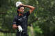 Akshay Bhatia of the United States reacts after playing his shot from the ninth tee during the second round of the Charles Schwab Challenge at Colonial Country Club on May 29, 2026, in Fort Worth.
