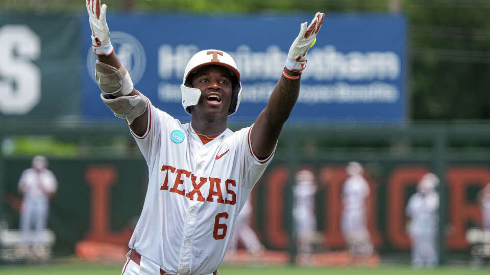 Texas Longhorns outfielder Anthony Pack Jr. (6) celebrates a home run during the NCAA Baseball Regional game against Holy Cross at UFCU Disch-Falk Field on Friday, May 29, 2026 in Austin.