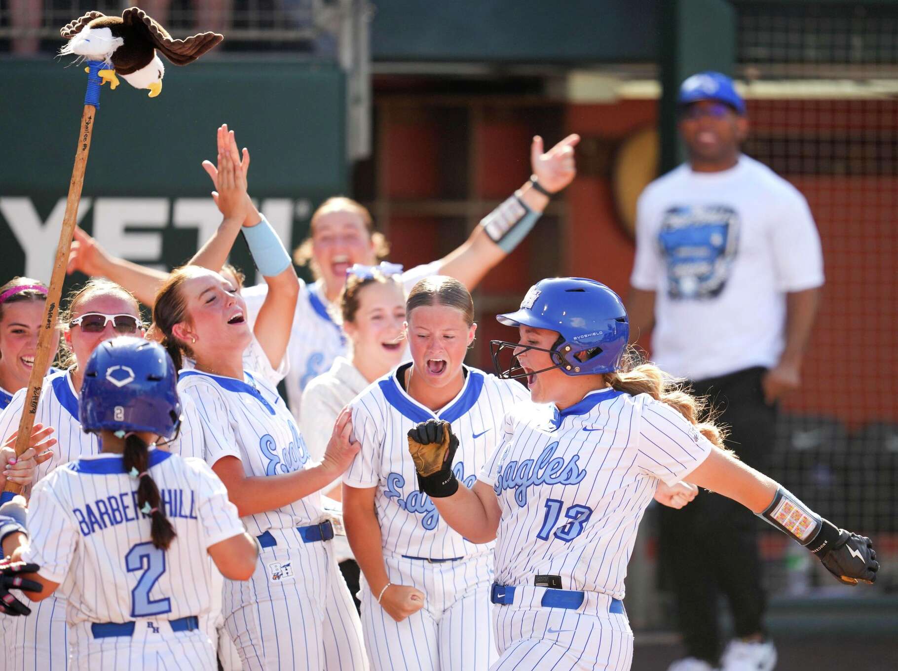 Barbers Hill Maddi Ray reacts after her walk-off, grand slam gave the Lady Eagles a 11-0 win to run-rule Aledo the fifth inning of the Class 5A, Division I state championship game in Austin, Friday, May 29, 2026.