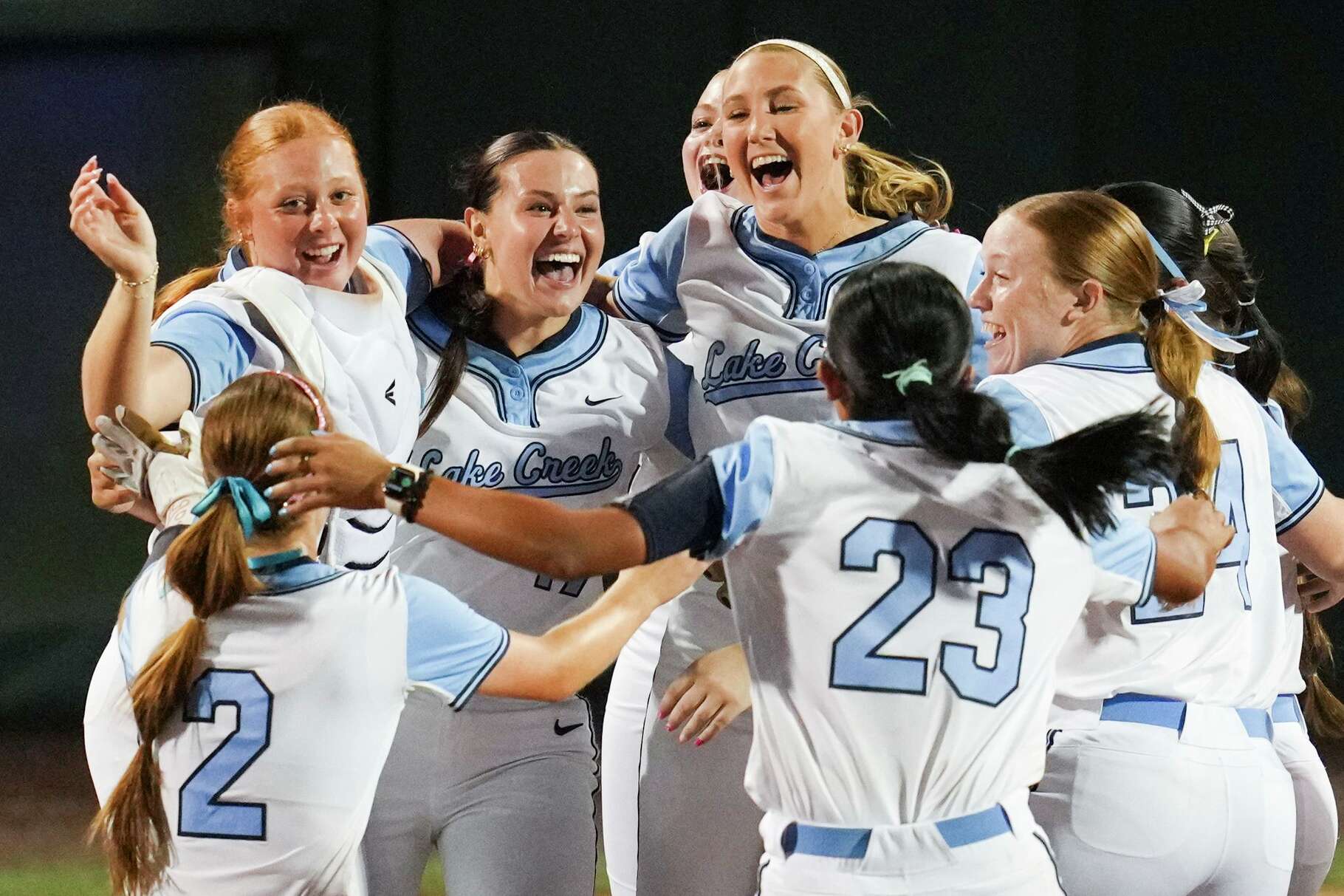 Lake Creek celebrates after defeating Brewer 6-5 to claim back-to-back Class 5A, Division II state championships in Austin, Friday, May 29, 2026.