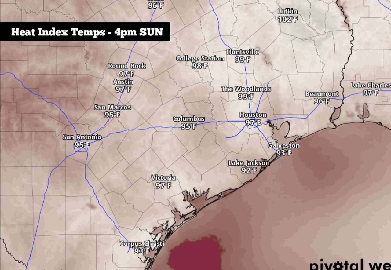 Shown are the potential heat index values across the region Sunday at 4 p.m.