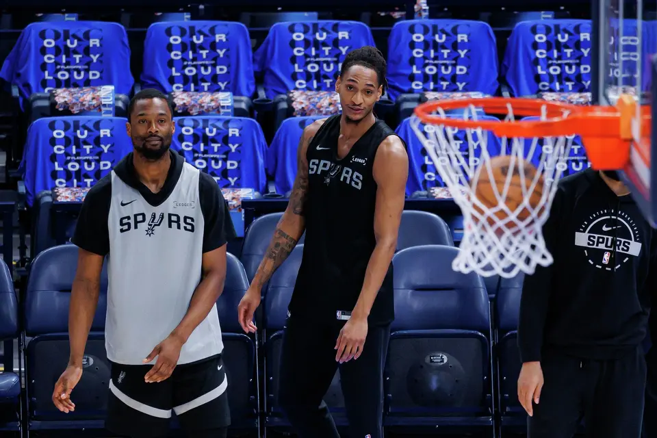 San Antonio Spurs forwards Harrison Barnes, left and Devin Vassell participate in shootaround at Paycom Center in Oklahoma City, Saturday, May 30, 2026, as they prepare for Game 7 of the Western Conference Finals against the Oklahoma City Thunder.