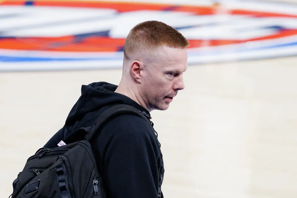 San Antonio Spurs associate head coach Sean Sweeney attends shootaround at Paycom Center in Oklahoma City, Saturday, May 30, 2026, as the team prepares for Game 7 of the Western Conference Finals against the Oklahoma City Thunder.
