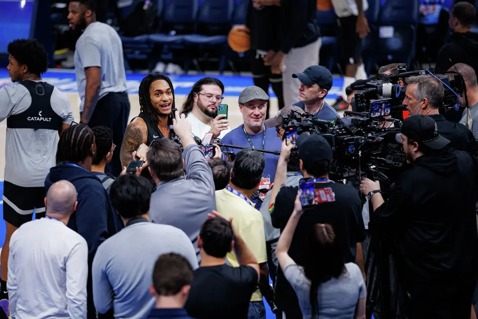 San Antonio Spurs forward Devin Vassell talks to reporters after participating in shootaround at Paycom Center in Oklahoma City, Saturday, May 30, 2026, to prepare for Game 7 of the Western Conference Finals against the Oklahoma City Thunder.