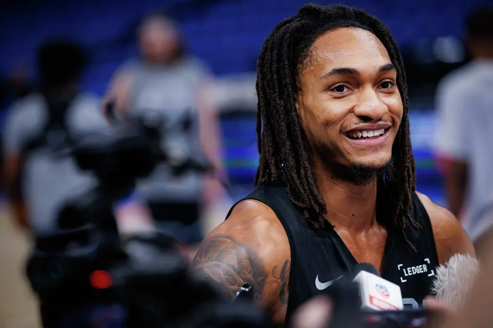 San Antonio Spurs forward Devin Vassell talks to reporters after participating in shootaround at Paycom Center in Oklahoma City, Saturday, May 30, 2026, to prepare for Game 7 of the Western Conference Finals against the Oklahoma City Thunder.