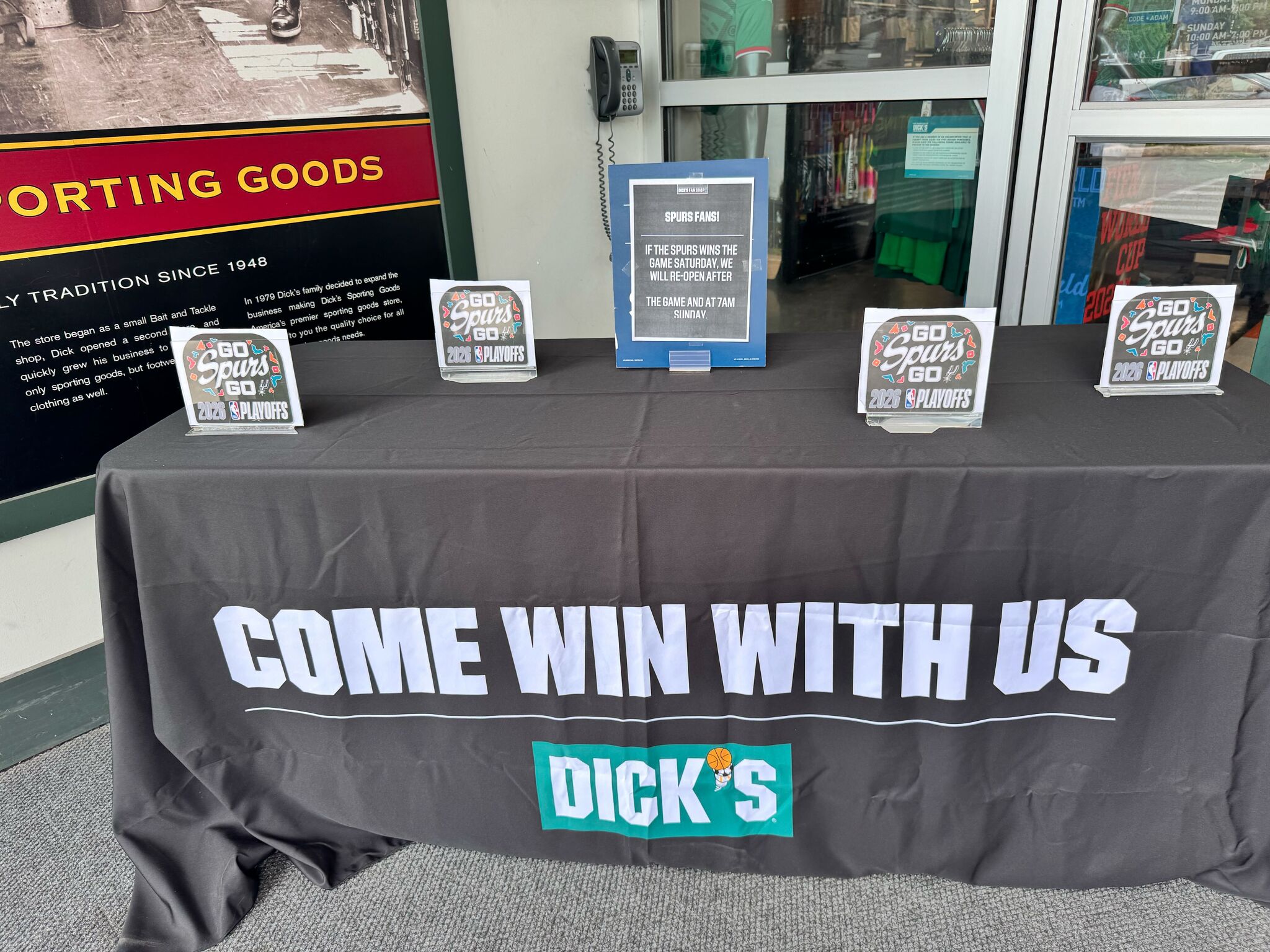 If the Spurs win, when will Dick’s Sporting Goods open?