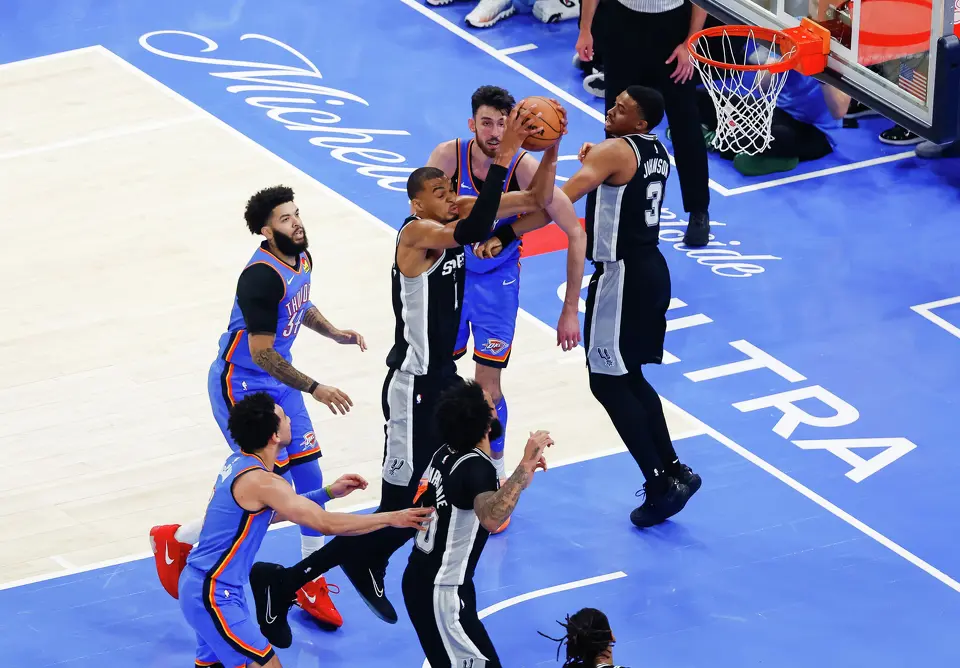 San Antonio Spurs center Victor Wembanyama (1) goes up for a shot during Game 7 of the Western Conference finals at Paycom Center in Oklahoma City, on Saturday, May 30, 2026.