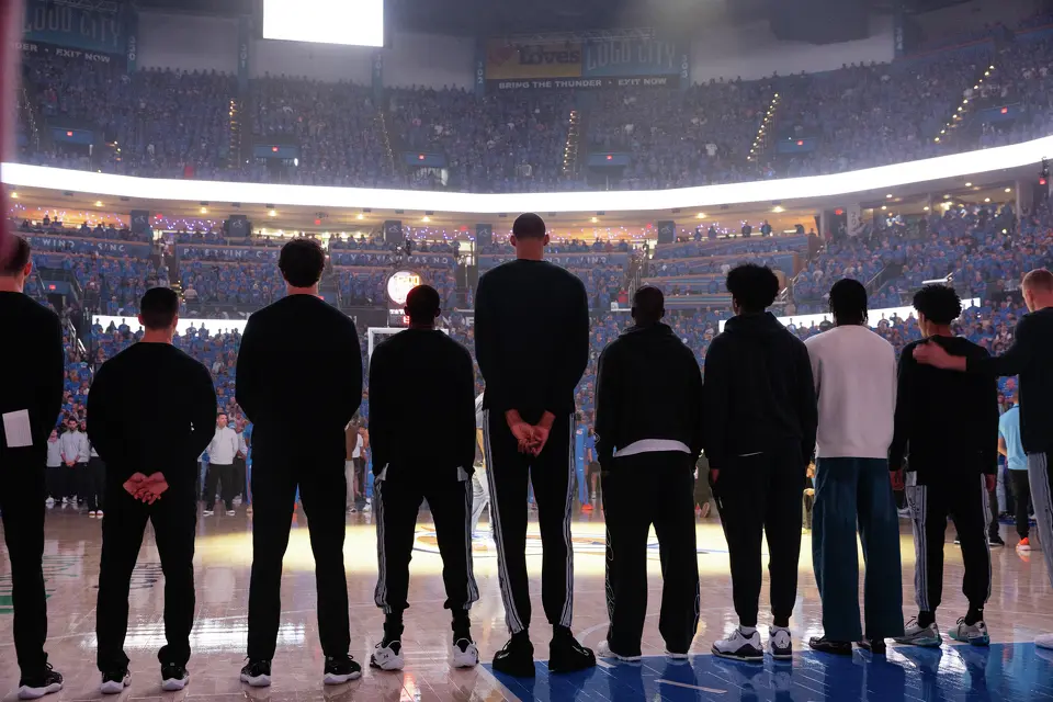 The Spurs line up on the court before Game 7 of the Western Conference finals at Paycom Center in Oklahoma City, on Saturday, May 30, 2026.