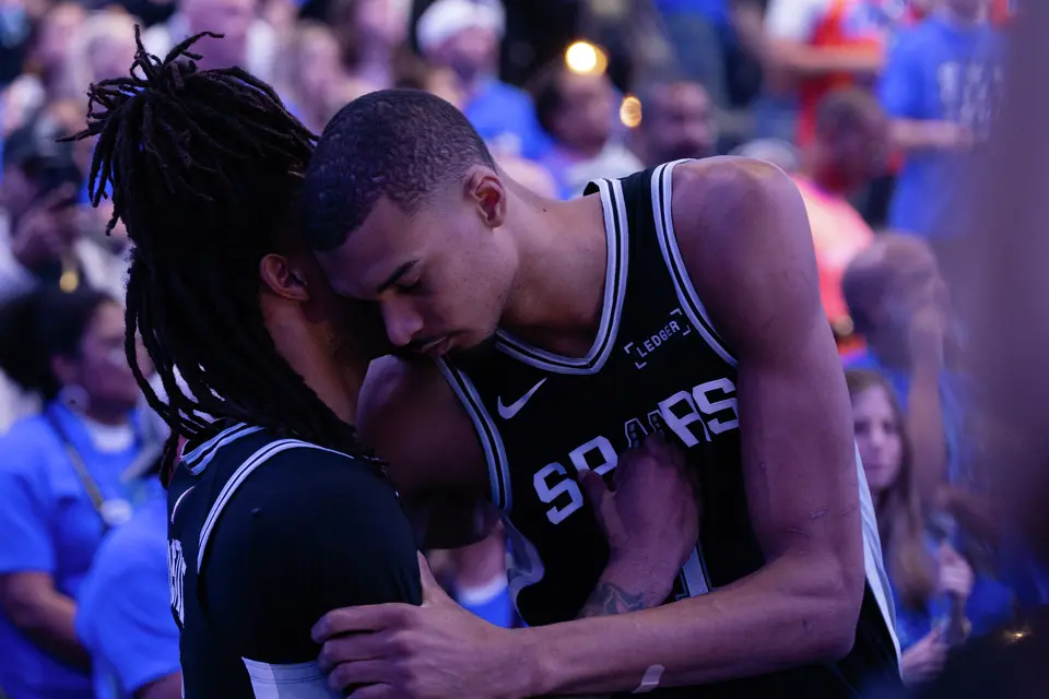 San Antonio Spurs center Victor Wembanyama (1) talks to guard Stephon Castle (5) before Game 7 of the Western Conference finals at Paycom Center in Oklahoma City, Saturday, May 30, 2026.