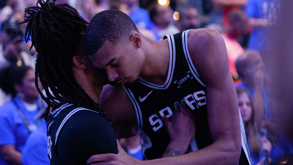 San Antonio Spurs center Victor Wembanyama (1) talks to guard Stephon Castle (5) before Game 7 of the Western Conference finals at Paycom Center in Oklahoma City, Saturday, May 30, 2026.