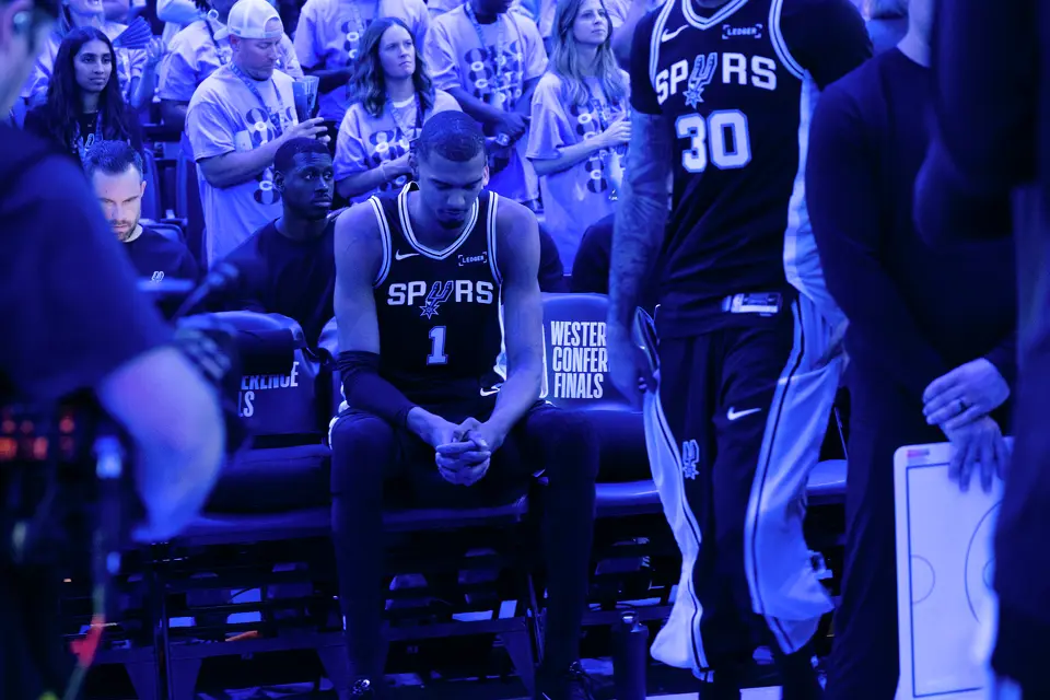 San Antonio Spurs center Victor Wembanyama (1) waits to be introduced before Game 7 of the Western Conference finals at Paycom Center in Oklahoma City, Saturday, May 30, 2026.