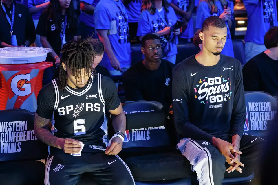 San Antonio Spurs guard Stephon Castle (5) and center Victor Wembanyama (1) wait to be introduced before Game 7 of the Western Conference finals at Paycom Center in Oklahoma City, on Saturday, May 30, 2026.