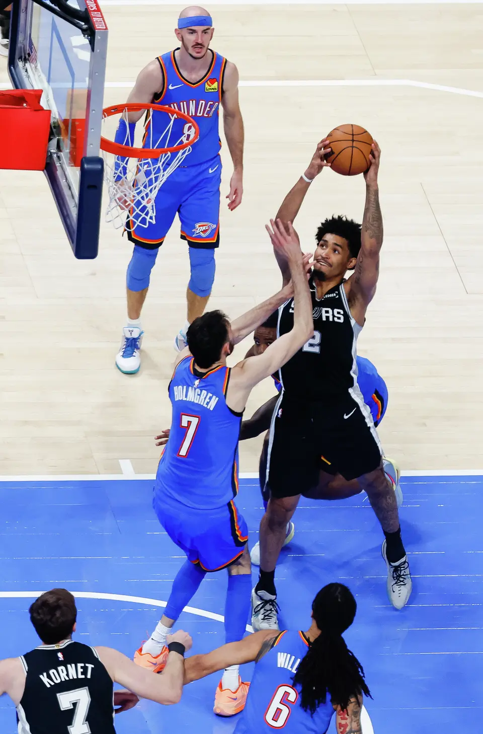 San Antonio Spurs guard Dylan Harper (2) looks for a shot during Game 7 of the Western Conference finals at Paycom Center in Oklahoma City, on Saturday, May 30, 2026.