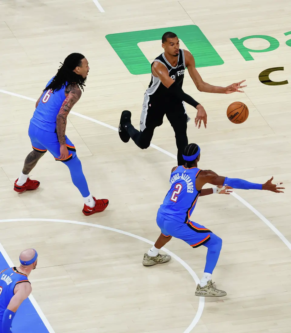 San Antonio Spurs center Victor Wembanyama (1) passes the ball during Game 7 of the Western Conference finals at Paycom Center in Oklahoma City, on Saturday, May 30, 2026.