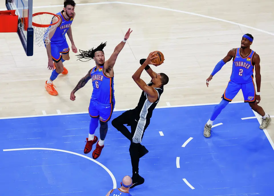 San Antonio Spurs center Victor Wembanyama (1) goes up for a shot during Game 7 of the Western Conference finals at Paycom Center in Oklahoma City, on Saturday, May 30, 2026.