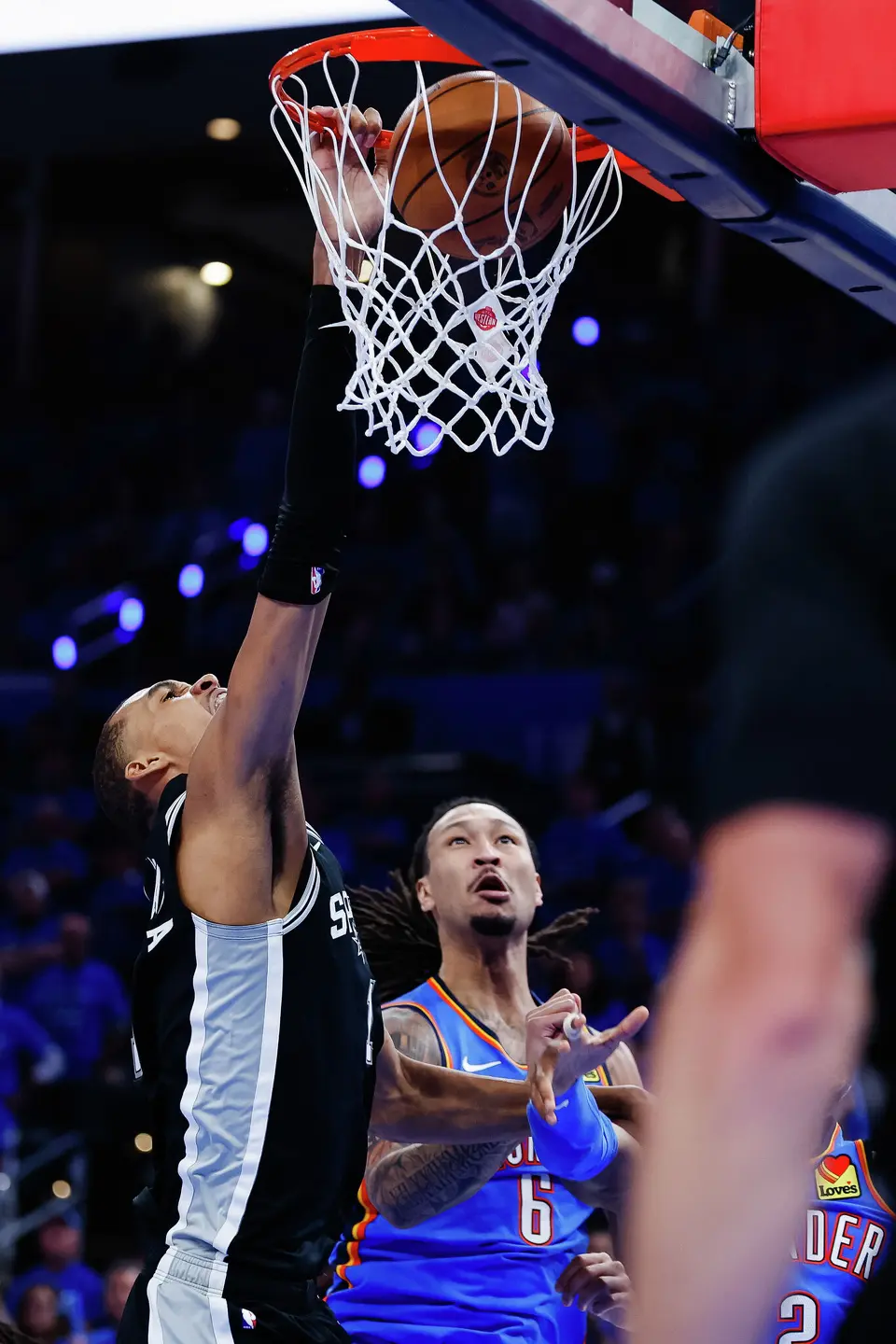 San Antonio Spurs center Victor Wembanyama (1) dunks the ball during the third quarter of Game 7 of the Western Conference Finals at Paycom Center in Oklahoma City, Saturday, May 30, 2026.