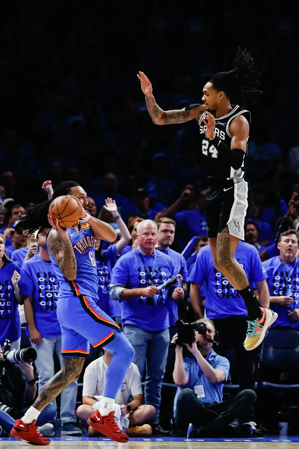 San Antonio Spurs guard Devin Vassell (24) jumps up for a block during Game 7 of the Western Conference finals at Paycom Center in Oklahoma City, on Saturday, May 30, 2026.