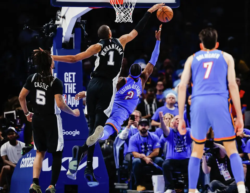San Antonio Spurs center Victor Wembanyama (1) blocks a shot by Oklahoma City Thunder guard Shai Gilgeous-Alexander (2) during the third quarter of Game 7 of the Western Conference Finals at Paycom Center in Oklahoma City, Saturday, May 30, 2026.
