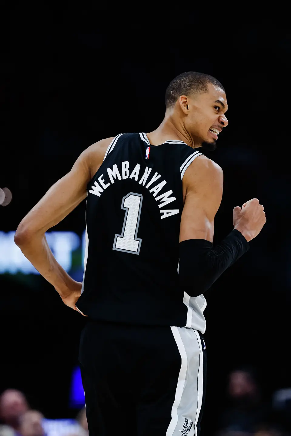 San Antonio Spurs center Victor Wembanyama (1) celebrates a play during the third quarter of Game 7 of the Western Conference Finals at Paycom Center in Oklahoma City, Saturday, May 30, 2026.