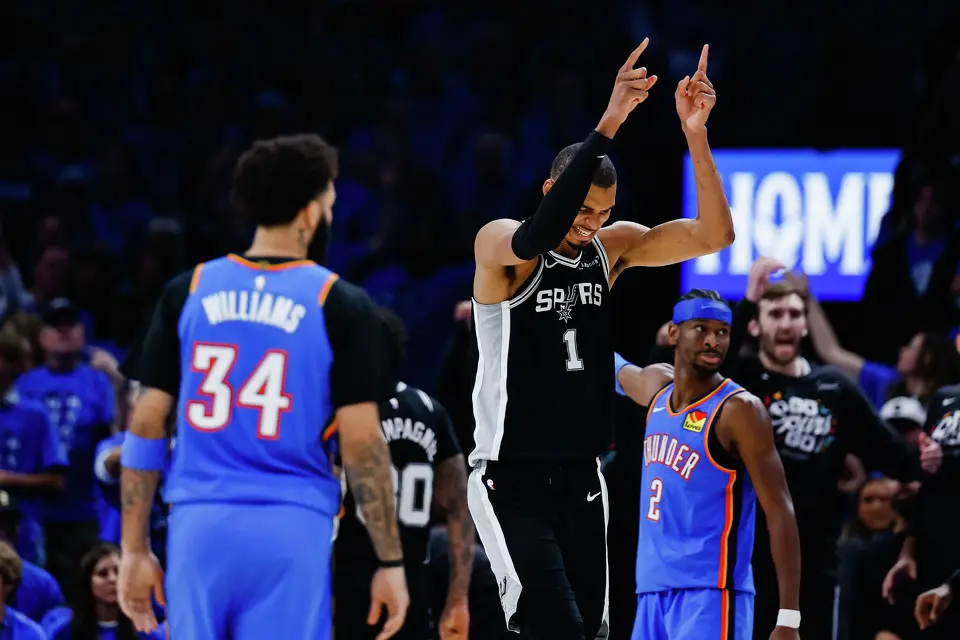 San Antonio Spurs center Victor Wembanyama (1) celebrates a play during the third quarter of Game 7 of the Western Conference Finals at Paycom Center in Oklahoma City, Saturday, May 30, 2026.