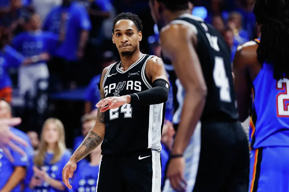 San Antonio Spurs guard Devin Vassell (24) reacts to a play during the third quarter of Game 7 of the Western Conference Finals at Paycom Center in Oklahoma City, Saturday, May 30, 2026.