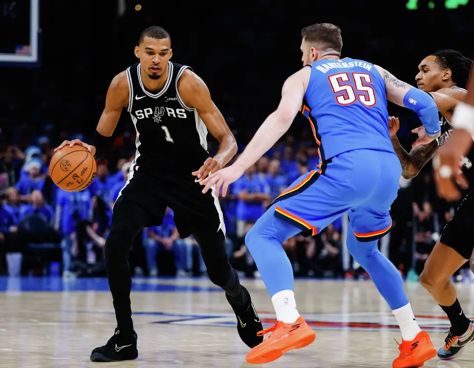 San Antonio Spurs center Victor Wembanyama (1) dribbles the ball during the third quarter of Game 7 of the Western Conference Finals at Paycom Center in Oklahoma City, Saturday, May 30, 2026.