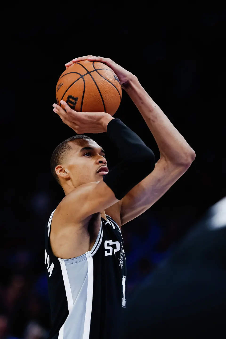 San Antonio Spurs center Victor Wembanyama (1) goes up for a shot during the third quarter of Game 7 of the Western Conference Finals at Paycom Center in Oklahoma City, Saturday, May 30, 2026.