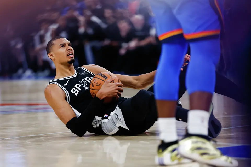 San Antonio Spurs center Victor Wembanyama (1) reacts after getting fouled during the third quarter of Game 7 of the Western Conference Finals at Paycom Center in Oklahoma City, Saturday, May 30, 2026.