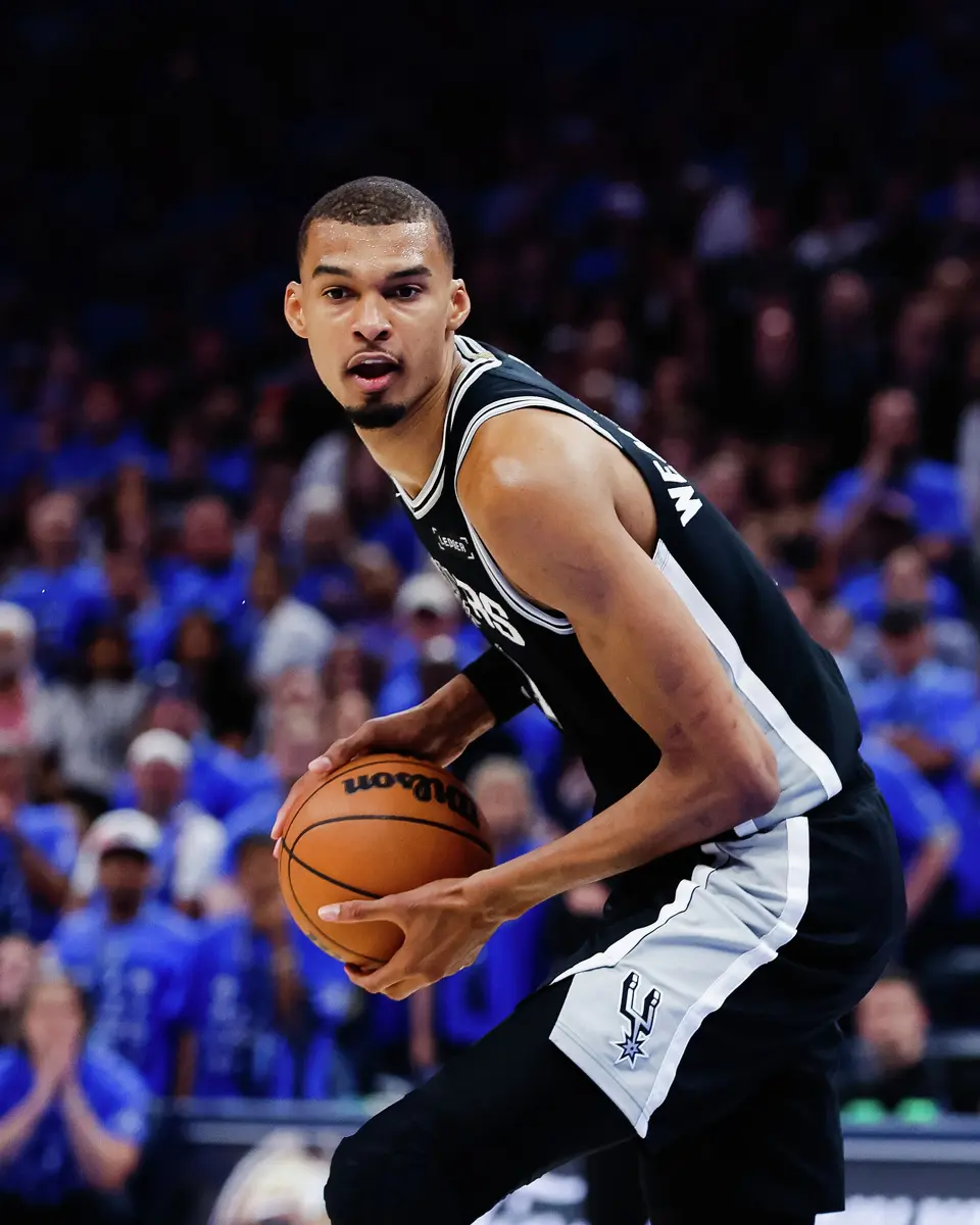 San Antonio Spurs center Victor Wembanyama (1) looks to pass the ball during the third quarter of Game 7 of the Western Conference Finals at Paycom Center in Oklahoma City, Saturday, May 30, 2026.