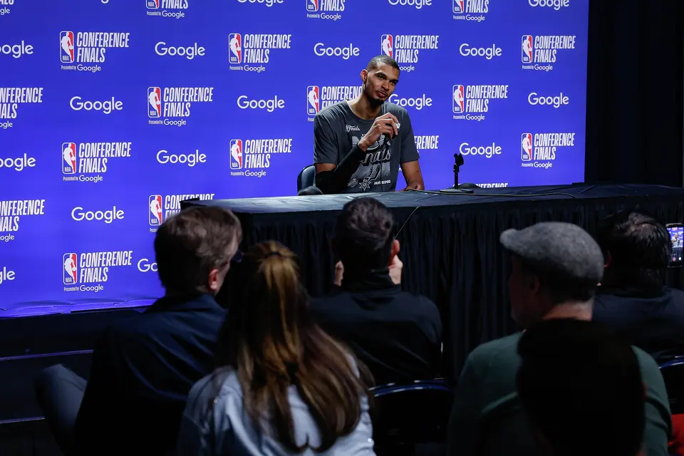San Antonio Spurs center Victor Wembanyama answers questions from reporters after the Spurs defeated the Oklahoma City Thunder in the Western Conference finals at Paycom Center on Saturday, May 30, 2026, in Oklahoma City. Wembanyama was named Western Conference finals MVP and lead San Antonio to the NBA Finals against the New York Knicks.
