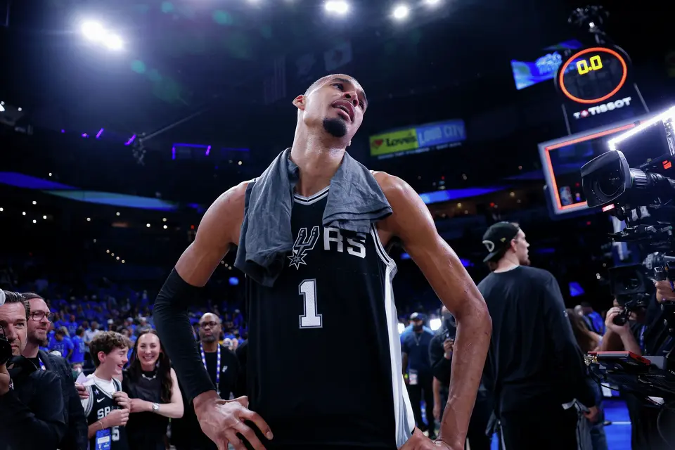 San Antonio Spurs center Victor Wembanyama cries as he reacts to his team’s Western Conference Finals win over the Oklahoma City Thunder Saturday. Voters got it right this past November in approving a new downtown Spurs arena.