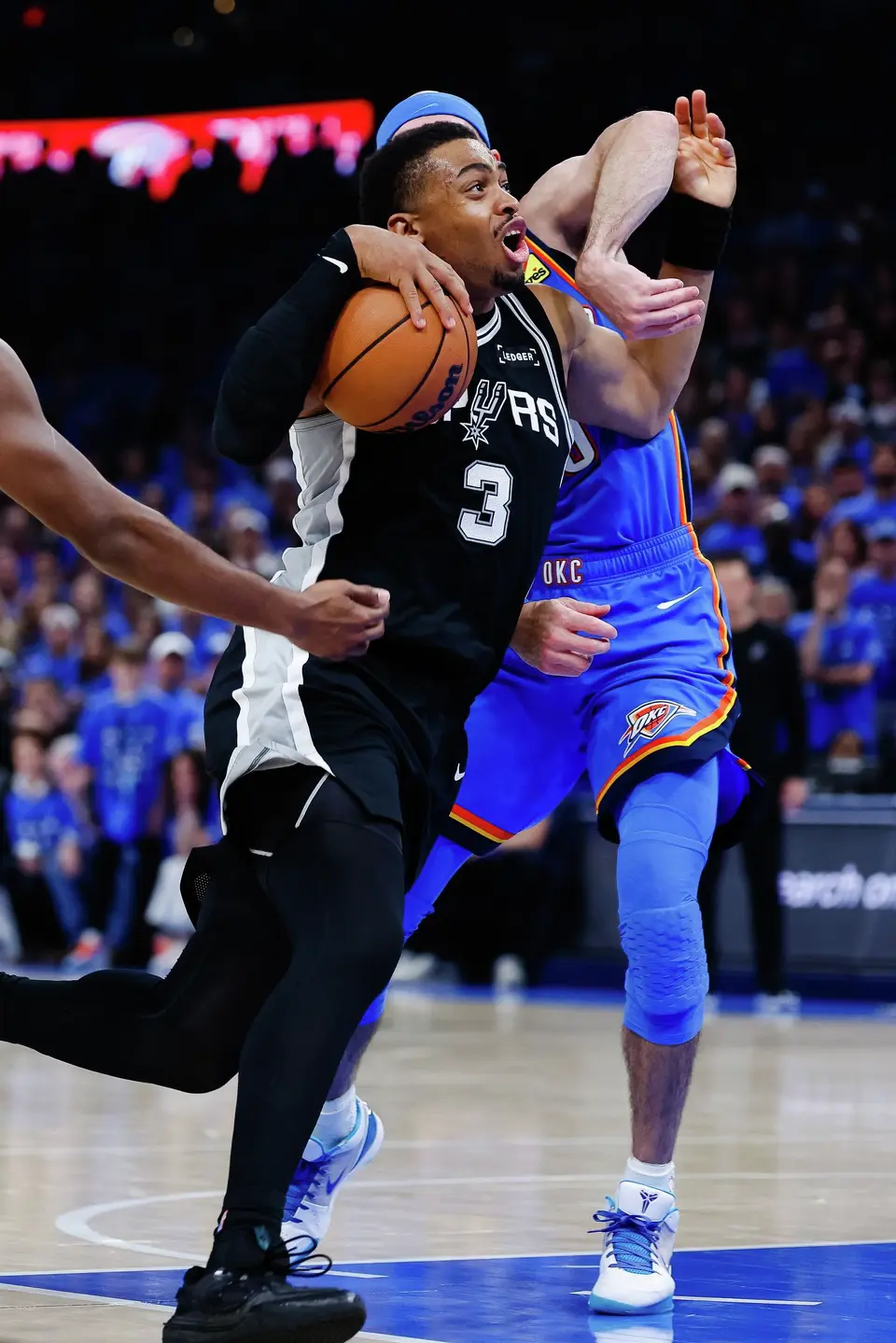 San Antonio Spurs forward Keldon Johnson (3) drives the ball to the basket during the third quarter of Game 7 of the Western Conference finals at Paycom Center in Oklahoma City, Saturday, May 30, 2026.