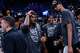 San Antonio Spurs forward Keldon Johnson, center right, smiles as he celebrates the team’s Western Conference Finals victory over the Oklahoma City Thunder at Paycom Center in Oklahoma City, Saturday, May 30, 2026. The Spurs defeated the Thunder 111-103 in Game 7 to advance to the NBA Finals against the New York Knicks.
