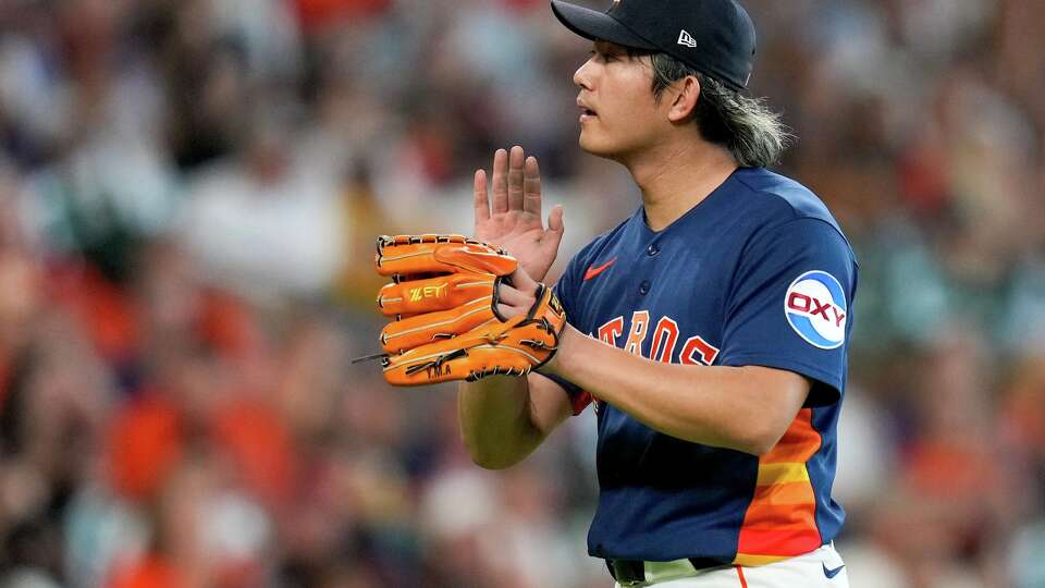 Houston Astros starting pitcher Tatsuya Imai reacts after the final out of the sixth inning of a baseball game against the Milwaukee Brewers, Sunday, May 31, 2026, in Houston. (AP Photo/Eric Christian Smith)