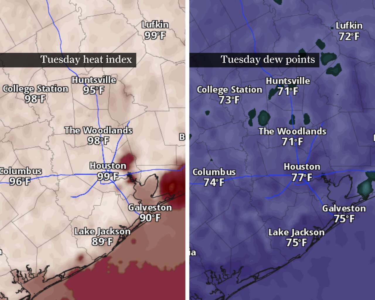 This map shows forecast heat index Tuesday, at left, and forecast dew points, at right. Dew points well into the 70s could make for heat index values between 99 and 105 degrees Tuesday afternoon.