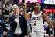 UConn head coach Dan Hurley and UConn guard Silas Demary Jr. (2) gesture in the second half of an NCAA college basketball game against Providence, Tuesday, Jan. 27, 2026, in Storrs, Conn. (AP Photo/Jessica Hill)